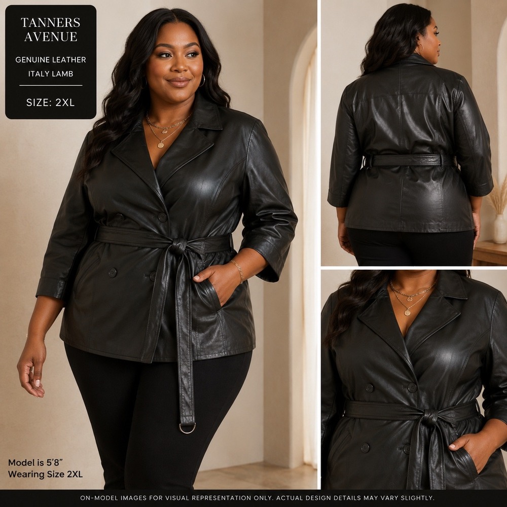 NWT 2XL Genuine Lamb Leather Double Breasted Belted Peplum Jacket 3/4 Sleeve